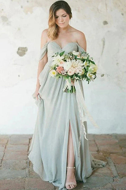 Bridesmaid Dresses Simple A-Line Off the Shoulder Chiffon Long with Split