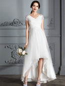 Wedding Dresses Princess V-neck Short Sleeves Asymmetrical Tulle