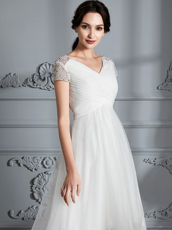 Wedding Dresses Princess V-neck Short Sleeves Asymmetrical Tulle