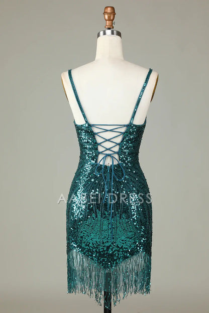 AABEI DRESS Hot Sale Homecoming Dress Sparkly Bodycon Spaghetti Straps Lace-Up Back Beading Fashion Short Graduation Dress