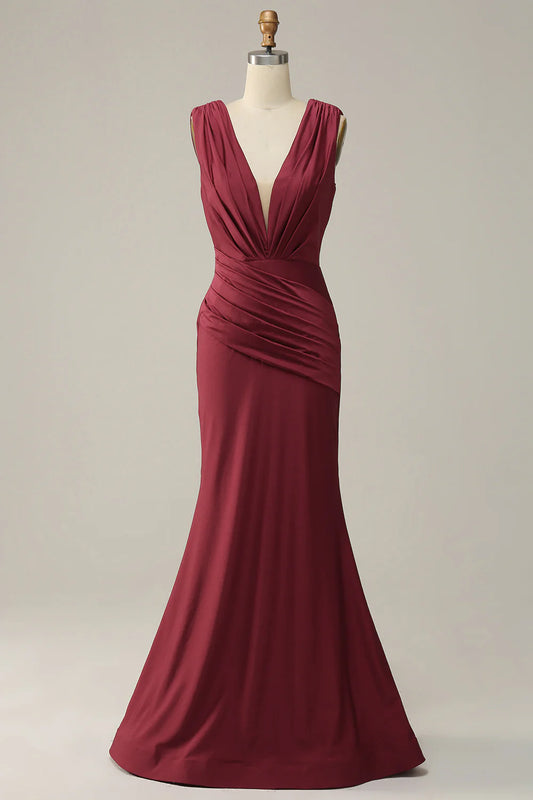 AABEI DRESS Hot Sale Prom Dress Elegant Mermaid Deep V Neck Sleeveless Pleated Long Party Dress