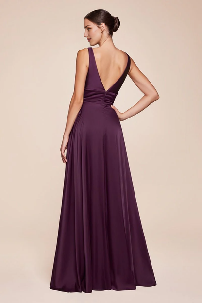 Prom Dress Satin A-Line Deep V-Neck Open Front Leg Slit Backless Formal Wedding Guest Dress