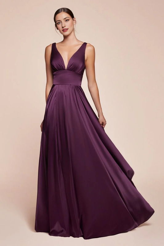 Prom Dress Satin A-Line Deep V-Neck Open Front Leg Slit Backless Formal Wedding Guest Dress