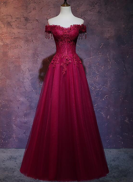 Beautiful Wine Red Tulle Sweetheart Long Prom Dress, A-line Party Dress