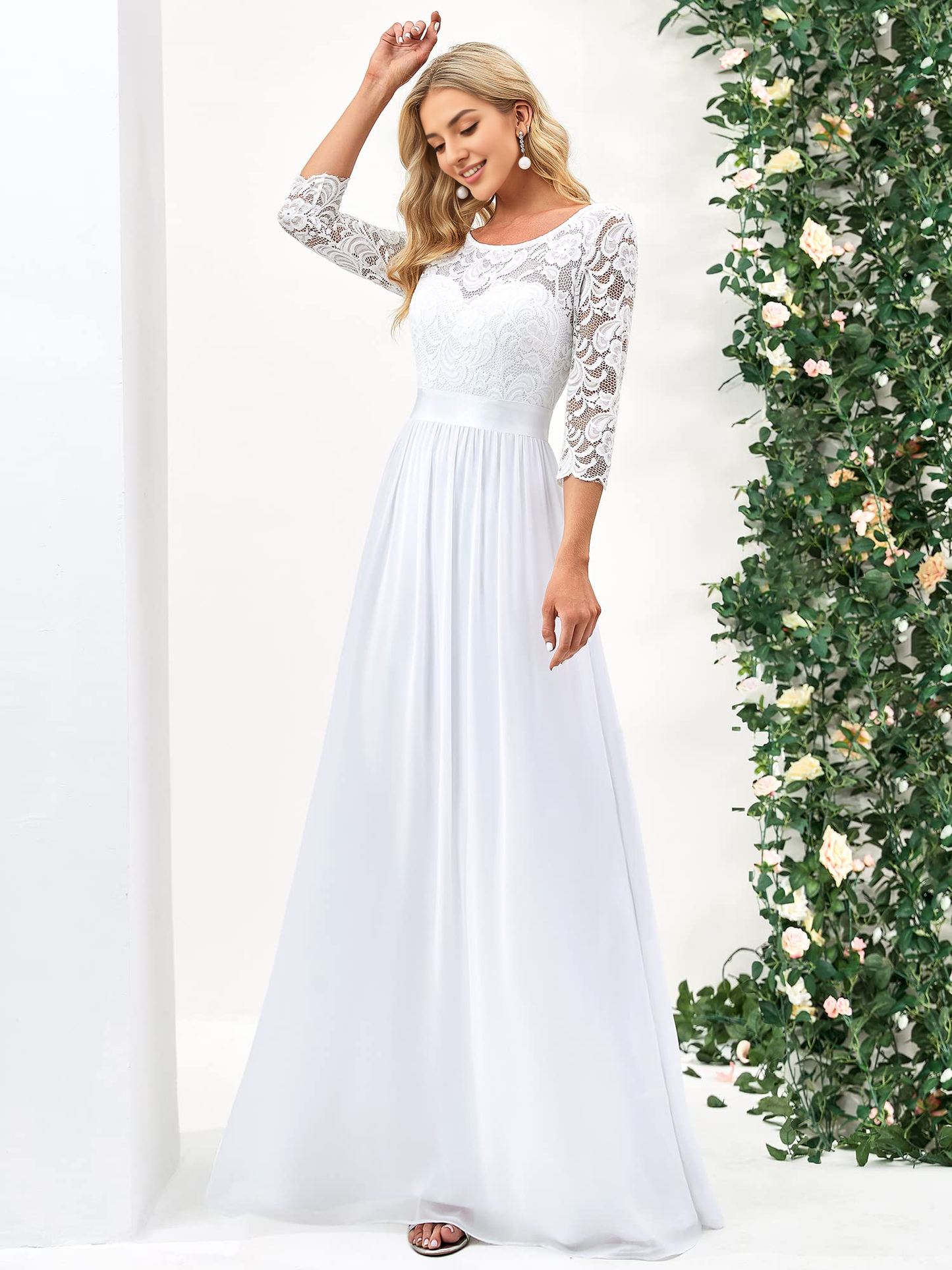 Wedding Dress A-line Round Neck Lace 3/4 Sleeve Chiffon Elegant Simple Formal Women's Dresses