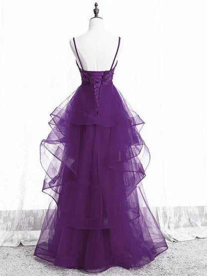 Beautiful Purple Tulle Layers with Lace Long Evening Dresses, Purple Prom Dress Party Dresses