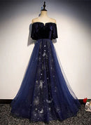 Blue Tulle with Velvet Long Party Dress, A-line Off Shoulder Formal Dress Prom Dress