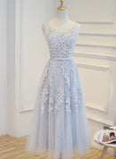 Simple Pretty Light Grey Tea Length Prom Dress, Tea Length Bridesmaid Dress