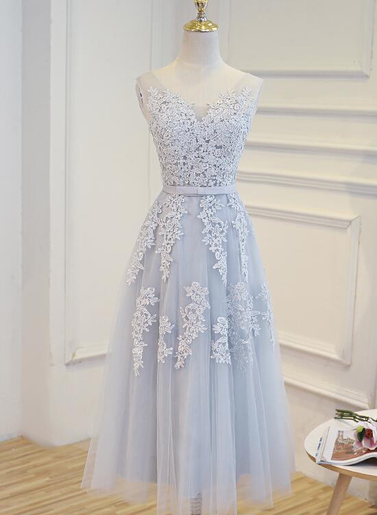 Simple Pretty Light Grey Tea Length Prom Dress, Tea Length Bridesmaid Dress