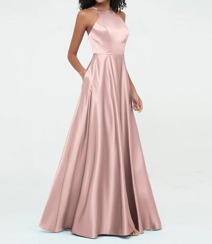 Evening Dress A-Line Halter Satin Pockets Dresses