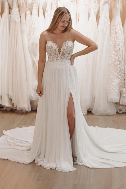 Wedding Dress White Sweetheart Long Lace with Slit