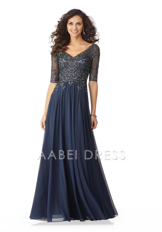 AABEI DRESS Formal Wear Dresse Elegant A Line V Neck Sheer Half Sleeves Retro Long Mother Of The Bride Dress