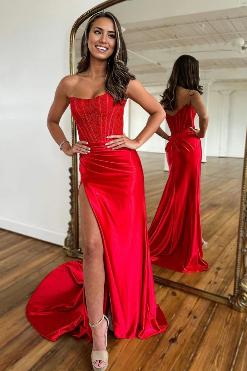 Prom Dress Sheath Strapless Corset Satin with Slit