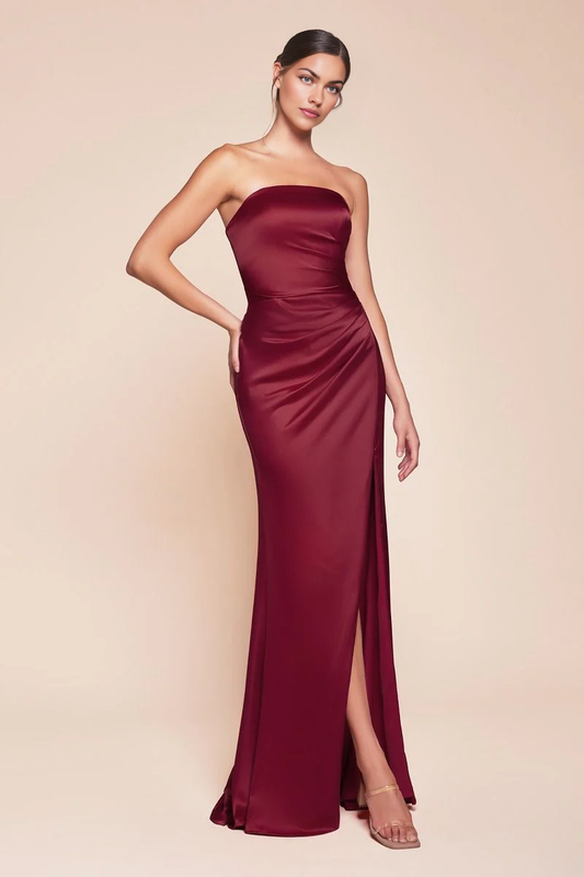 Prom Dress Luxe Satin Gown Strapless Form Fitting Bodice Lace-Up Corset Strapless Straight Neckline Gathered Waistline Leg Slit Dress Has Simple Formal November December Autumn Winter Wedding Guest Dress