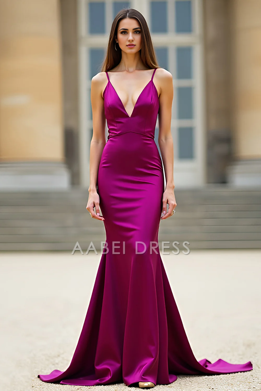 AABEI DRESS Hot Sale Prom Dress Elegant Simple Mermaid Sheath Deep V Neck Spaghetti Straps Backless Long Formal Dress