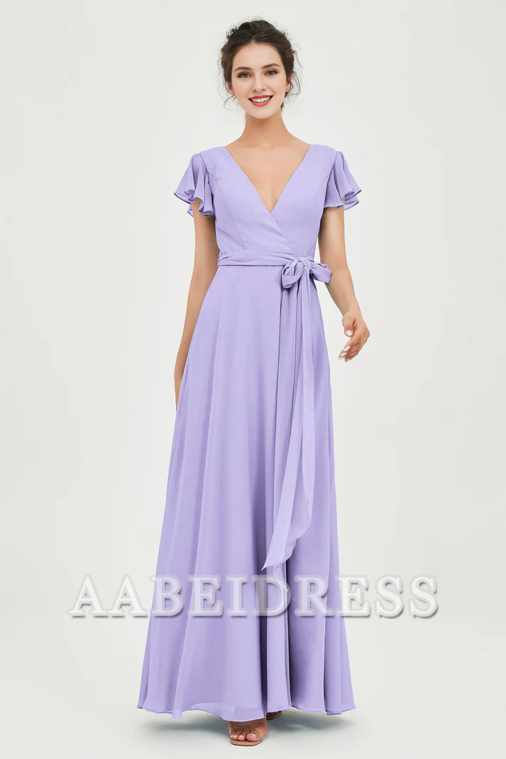 AABEI DRESS Bridesmaid Dresses Chiffon A-Line V-neck Flutter Sleeves Pleated Lace up Floor-Length Elegant Simple Wedding Guests Dresse