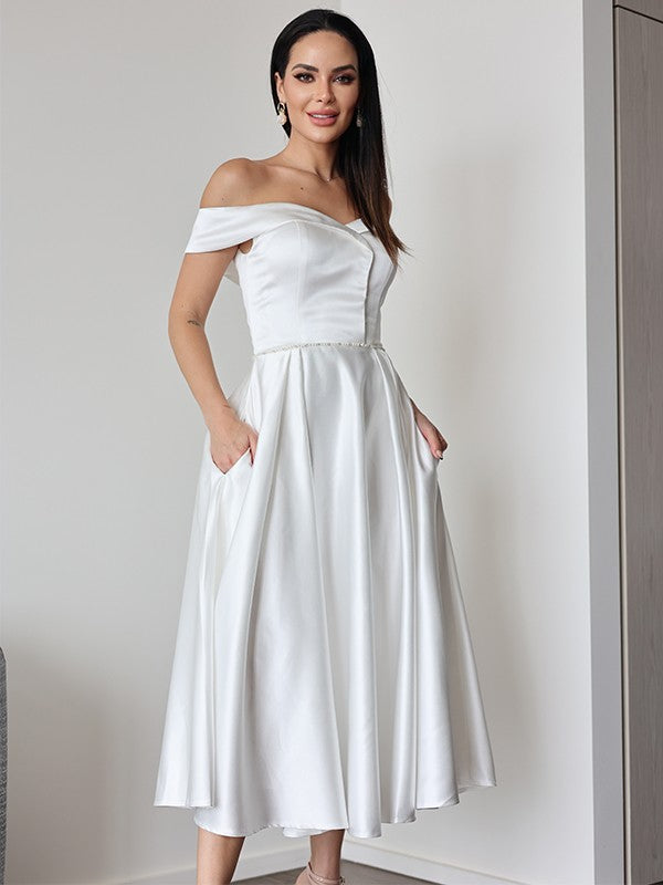 A-Line/Princess Satin Ruffles Off-the-Shoulder Sleeveless Tea-Length Wedding Dresses