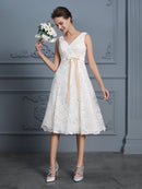 Wedding Dresses Princess V-neck Sleeveless Knee-Length Lace