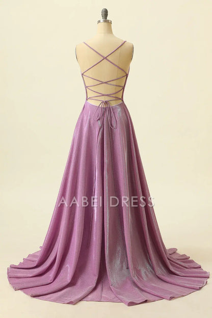 AABEI DRESS Hot Sale Prom Dress Fashion A Line Deep V-Neck Sparkly Lace up Backless Formal Dress