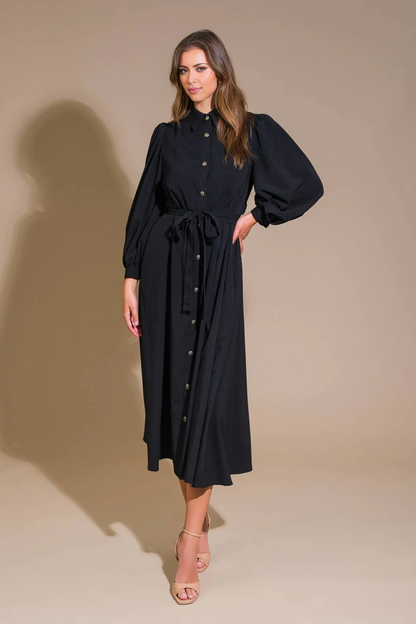 Prom Dress Featuring Shirt Collar Long Sleeve Button Down Side Pockets Self Sash Tie Formal November December Autumn Winter Wedding Guest Dress