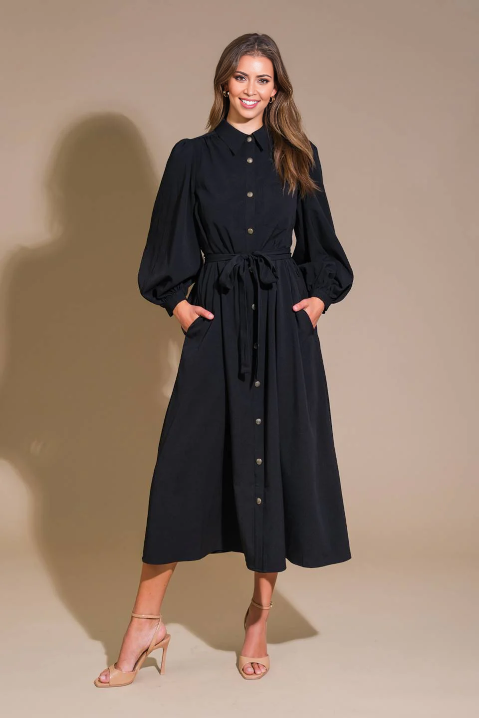 Prom Dress Featuring Shirt Collar Long Sleeve Button Down Side Pockets Self Sash Tie Formal November December Autumn Winter Wedding Guest Dress