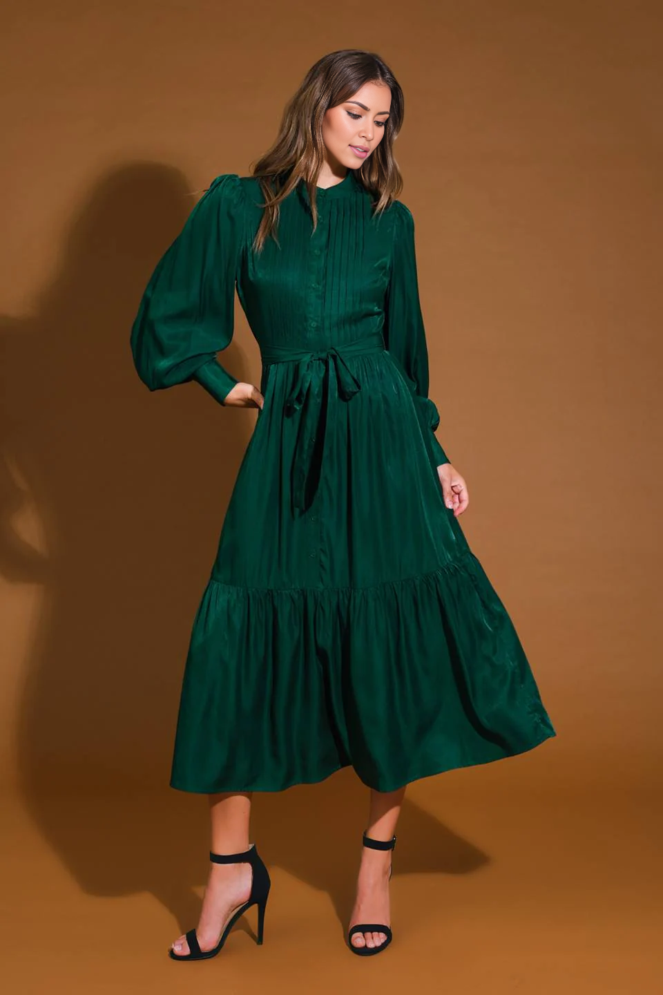 Prom Dress Featuring Round Neckline Long Sleeve With Cuff Bodice Pleating Detail Self Sash Tie Button Down Ruffled Hemline Formal November December Autumn Winter Wedding Guest Dress