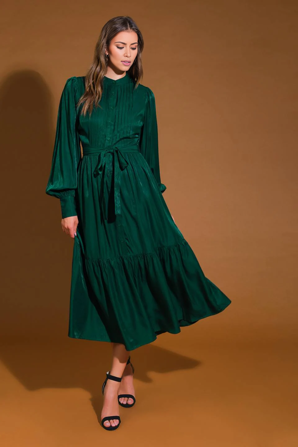 Prom Dress Featuring Round Neckline Long Sleeve With Cuff Bodice Pleating Detail Self Sash Tie Button Down Ruffled Hemline Formal November December Autumn Winter Wedding Guest Dress