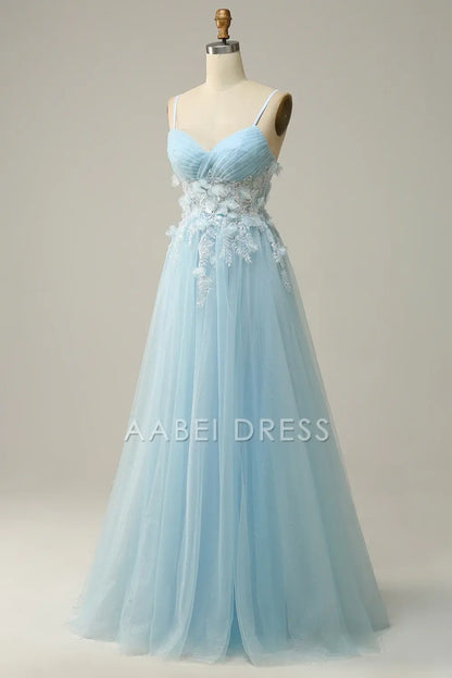 AABEI DRESS Hot Sale Prom Dress Elegant A Line V Neck Pleated Spaghetti Straps flower Tulle Fantastic Long Party Dress