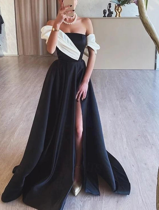 Gown Elegant Formal Prom Floor Length Sleeveless Off Shoulder Satin with Ruched Slit Evening Dress