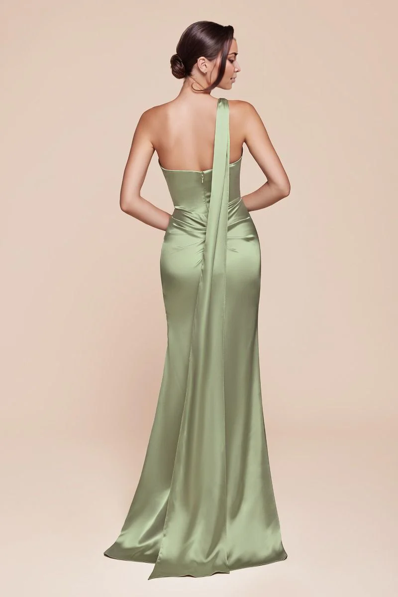 Prom Dress Fitted Luxe Satin Gown One Shoulder Halter Neckline Gathered Waistline Leg Slit Elegant Simple Formal November December Autumn Winter Wedding Guest Dress