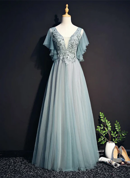 Beautiful Light Green Tulle Long Party Dress, Green Lace Low Back Prom Dress Evening Dress