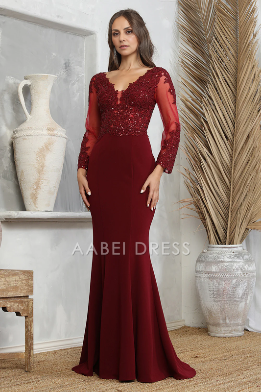 AABEI DRESS Formal Wear Dresse Elegant Mermaid V Neck Long sleeves Lace Applique Long Mother Of The Bride Dress