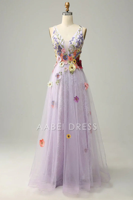 AABEI DRESS Hot Sale Prom Dress Exquisite A Line Deep V Neck Romantic Appliques Backless Long Party Dress