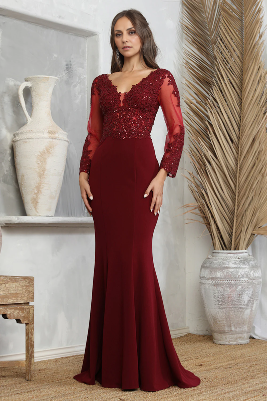 AABEI DRESS Formal Wear Dresse Elegant Mermaid V Neck Long sleeves Lace Applique Long Mother Of The Bride Dress