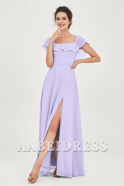 AABEI DRESS Bridesmaid Dresses Chiffon A-Line Square Neckline Flutter Sleeves Ruffle Side Fork Elegant Simple Wedding Guests Dresse