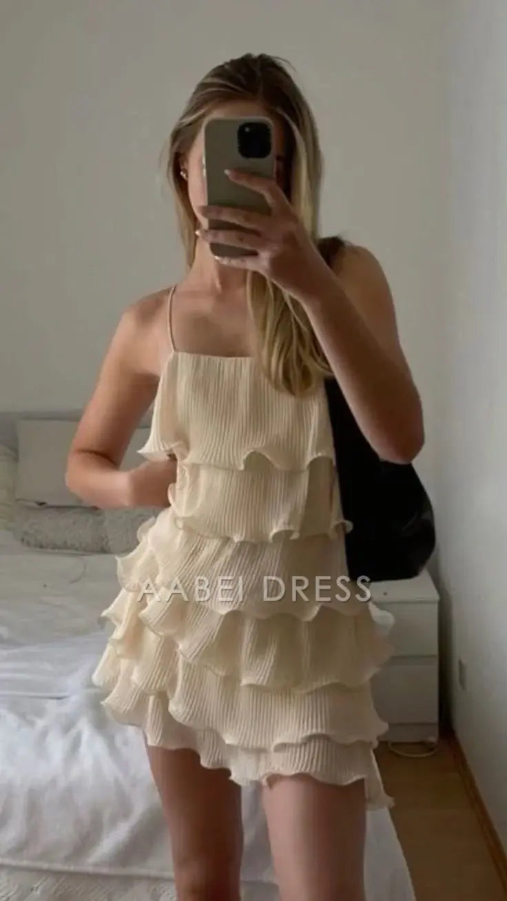 AABEI DRESS Short Party Dress New Arrival Spaghetti Strap Sleeveless Multi-Layered Ruched Homecoming Dress