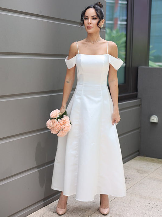 A-Line/Princess Satin Ruffles Spaghetti Straps Sleeveless Ankle-Length Wedding Dresses