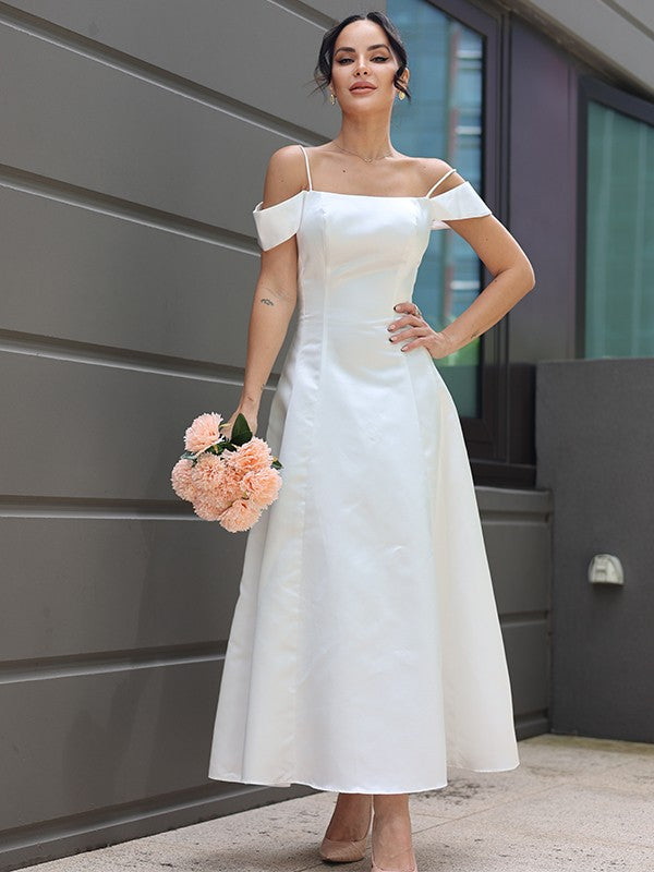 A-Line/Princess Satin Ruffles Spaghetti Straps Sleeveless Ankle-Length Wedding Dresses