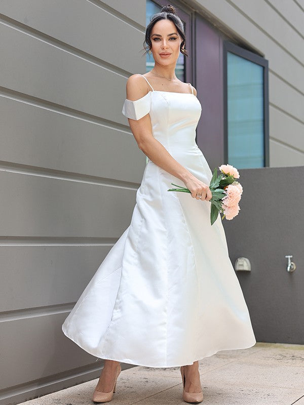 A-Line/Princess Satin Ruffles Spaghetti Straps Sleeveless Ankle-Length Wedding Dresses