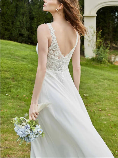 Wedding Dress New Pattern Backless Lace V-neck Chiffon Simple Formal Fall November December Wedding