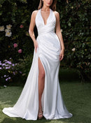 Wedding Dress November December Wedding Stunning Bridal Satin Halter Neckline Split Fork Gathered Waistline Accentuates curves Beautifully Dress