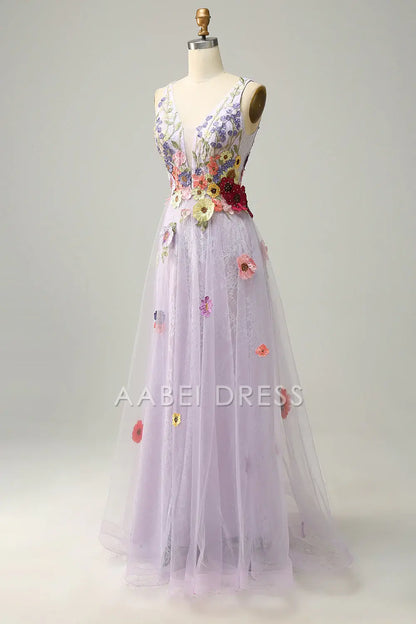AABEI DRESS Hot Sale Prom Dress Exquisite A Line Deep V Neck Romantic Appliques Backless Long Party Dress