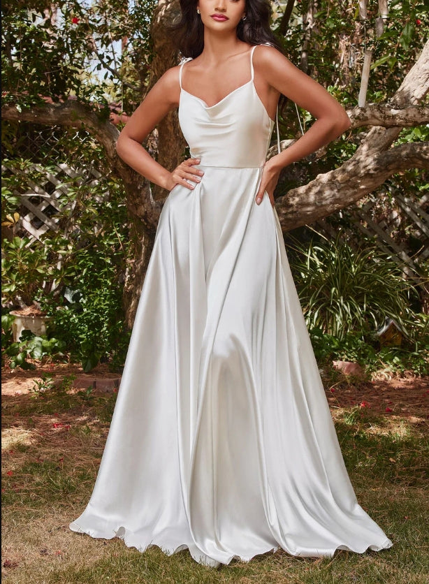 Wedding Dress November December Wedding A-Line Satin Gown Cowl Neck Bodice Delicate Spaghetti Straps Open Back Floor Length Skirt Side Leg Slit Sweep train Back Zipper Dress