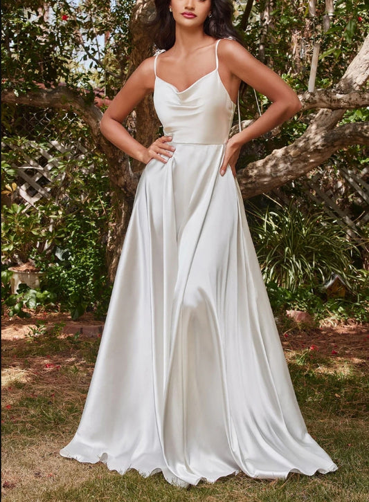 Wedding Dress November December Wedding A-Line Satin Gown Cowl Neck Bodice Delicate Spaghetti Straps Open Back Floor Length Skirt Side Leg Slit Sweep train Back Zipper Dress