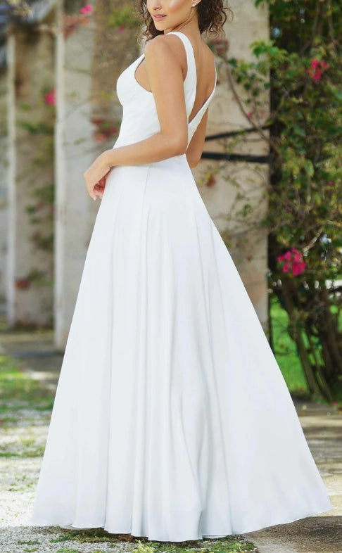 Wedding Dress November December Wedding A-line skirt V-neckline Sleeveless Floor length Split Fork Simple Formal Dress