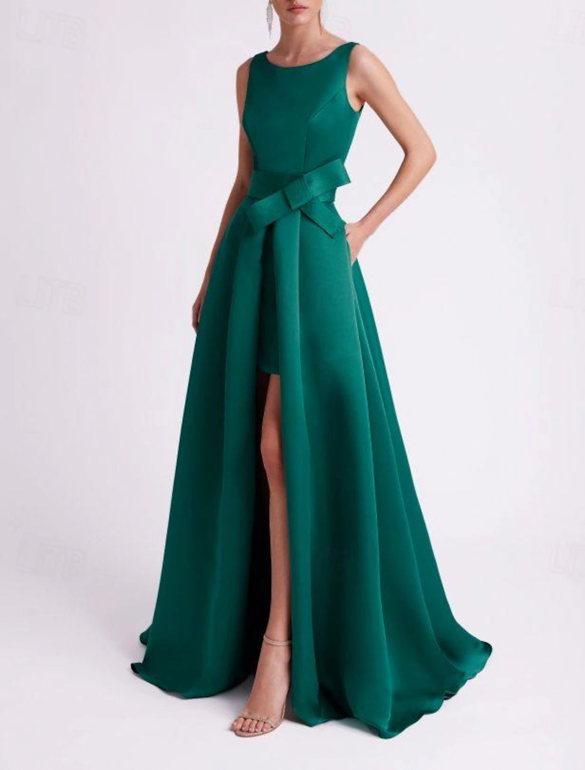 Gown High Split Formal Wedding Guest Floor Length Sleeveless V Neck Belt / Sash Satin with Slit Evening Dress