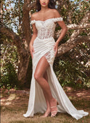 Wedding Dress November December Wedding Off Shoulder With Lace Adorned Sheer Bodice Soft Satin With Thigh High Leg Slit Detailed Flowers Beading Elegant Luxury Formal Dress