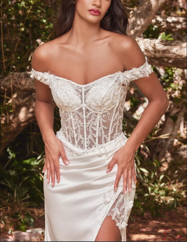 Wedding Dress November December Wedding Off Shoulder With Lace Adorned Sheer Bodice Soft Satin With Thigh High Leg Slit Detailed Flowers Beading Elegant Luxury Formal Dress