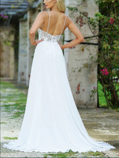 Wedding Dress November December Wedding A-line Chiffon Sleeveless See-Through Deep Sweetheart Bodice Bead Embellished Floral Applique Bodice Floor Length Chiffon Skirt Sweep Train Formal Dress