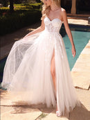 Wedding Dress November December Wedding A-line Tulle Skirt Side Leg Slit Sweep Train Sweet Heart Bodice Strapless Bridal Gown Beautiful Layered Lace Open Backfloor Gorgeous Formal Dress